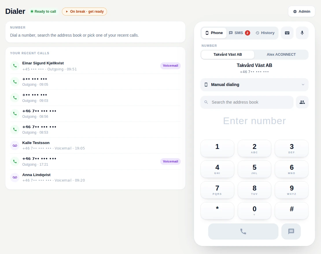 Dialern: agentens vy med senaste samtal och telefon med knappsats